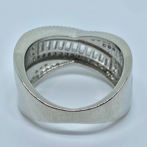 Wide Band Baguette and Round Diamond Silver Ring - Picture 6 of 8